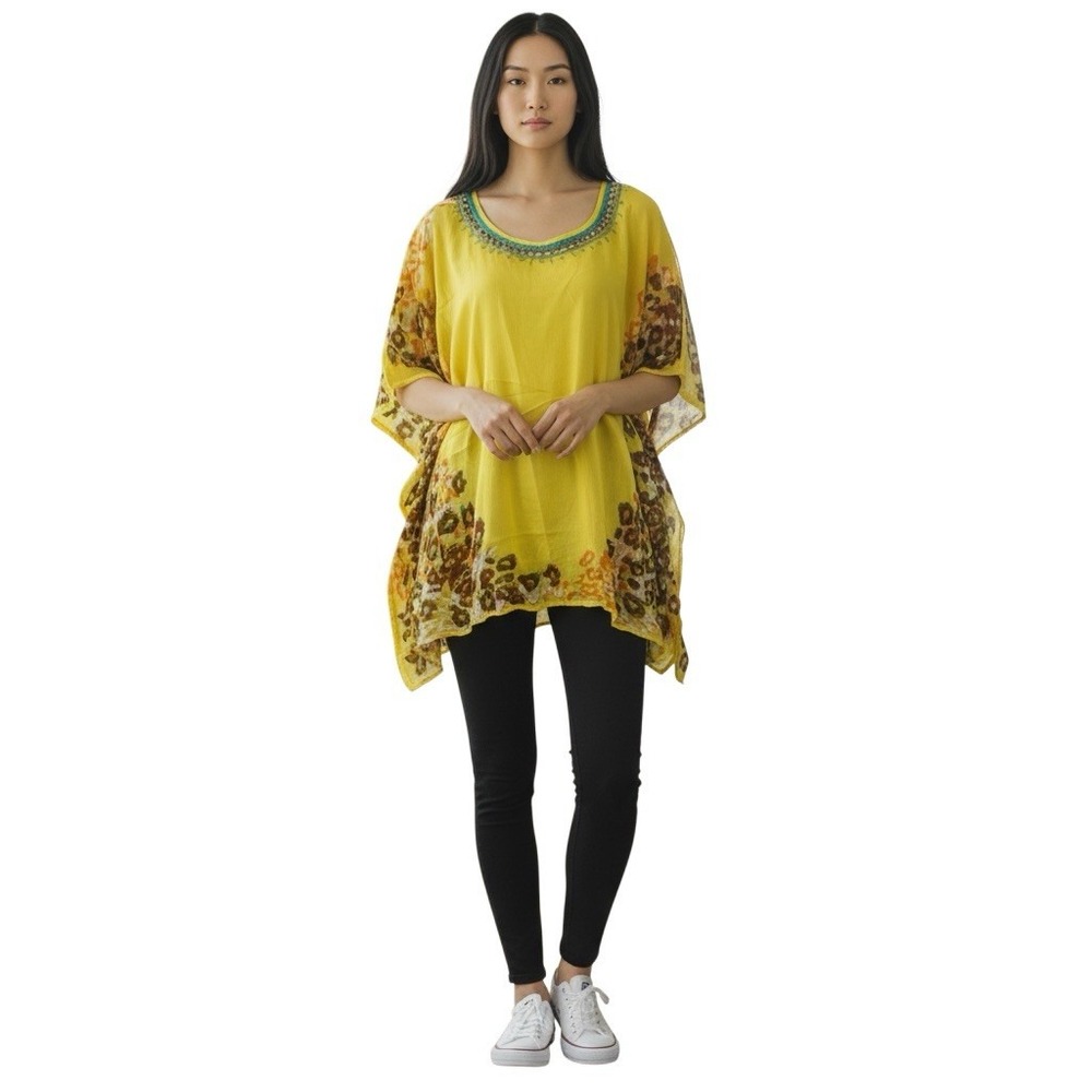 Cynthia‎ Rowley Yellow Beaded Caftan Tunic Top Sheer Cotton One Size Artsy Boho